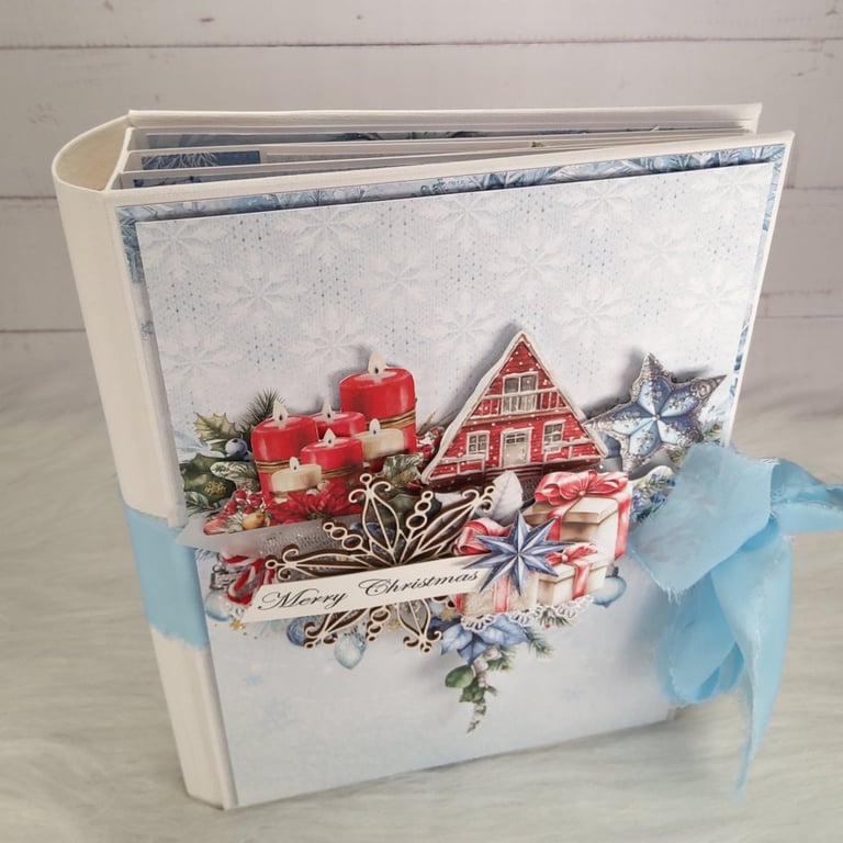Handmade Christmas Photo Album. Blue Winter Scrapbook Album.