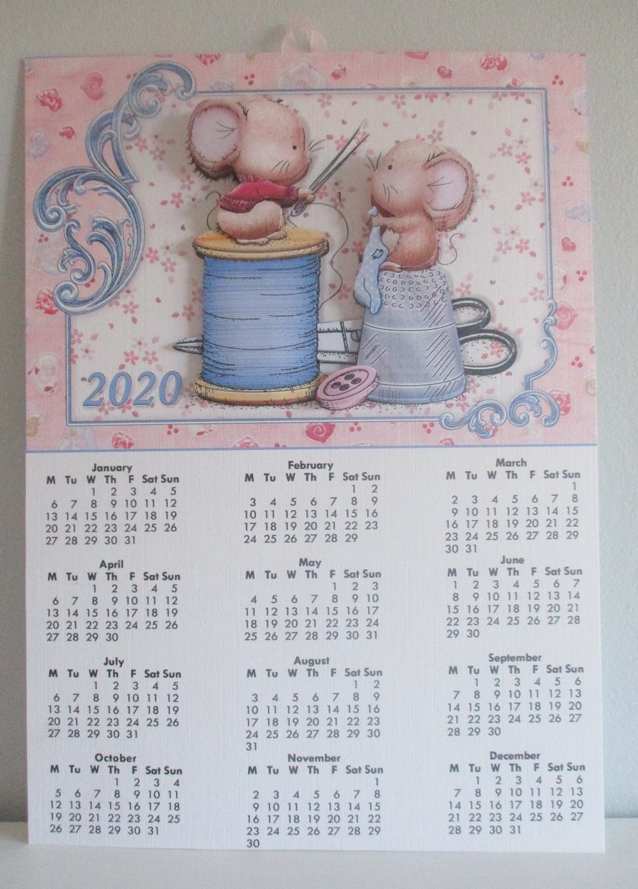 Handmade  2020 Wall Calendar, Cute Mice Sewing,Decoupage,3D