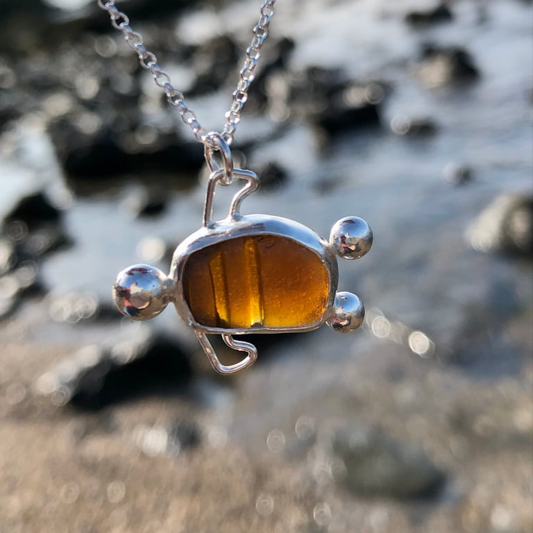 Honey Brown Sea Glass and Sterling Silver Turtle Pendant - 1262