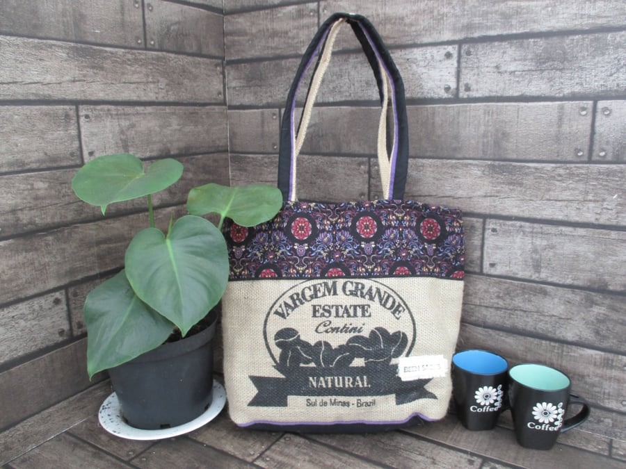 Image of Eco Tote Bag - Handmade from Upcycled Materials - Black Pattern