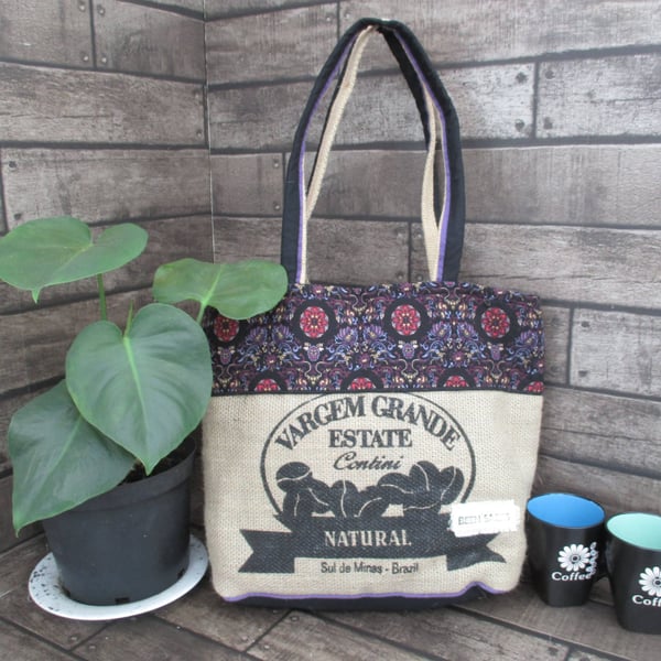 Eco Tote Bag - Handmade from Upcycled Materials - Black Pattern
