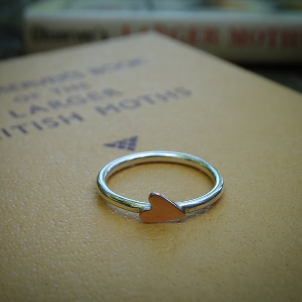 Recycled sterling silver ring with copper heart