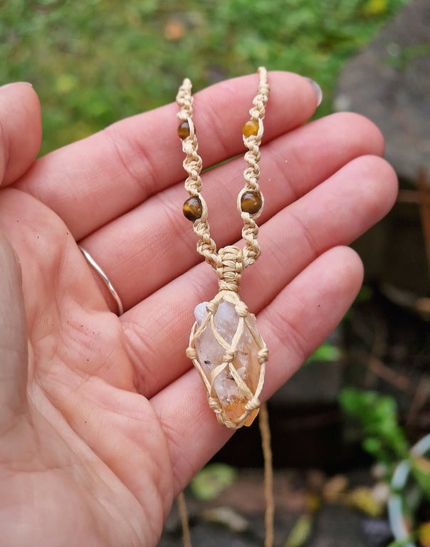 Citrine and Tiger eye Macrame Gemstone Necklace pendant 