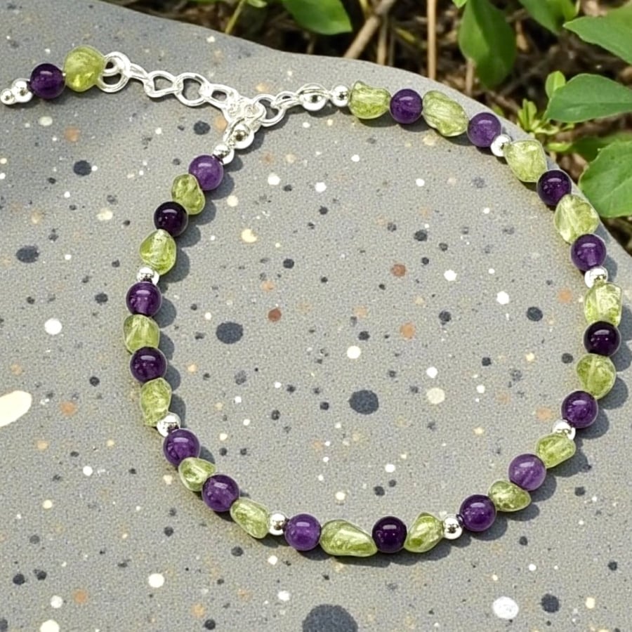 Handmade Dainty Amethyst and Peridot Bracelet