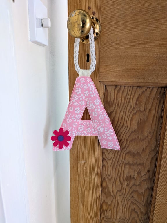 Personalised Floral Fabric Initial - 3D Padded Nursery Door Sign with Lucet Cord