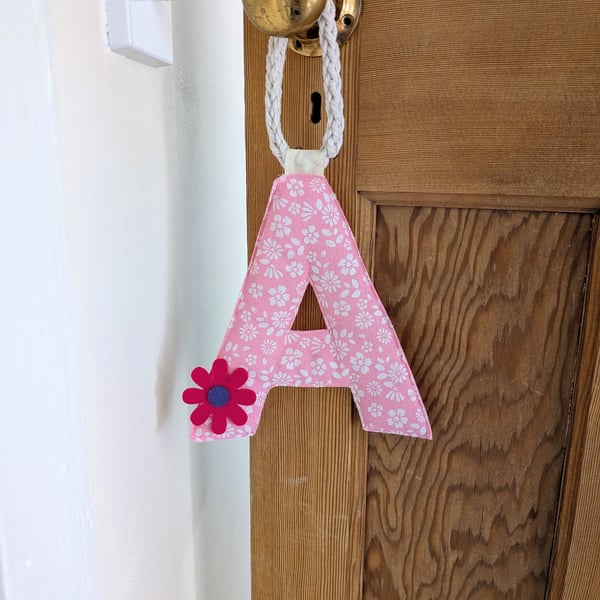 Personalised Floral Fabric Initial - 3D Padded Nursery Door Sign with Lucet Cord