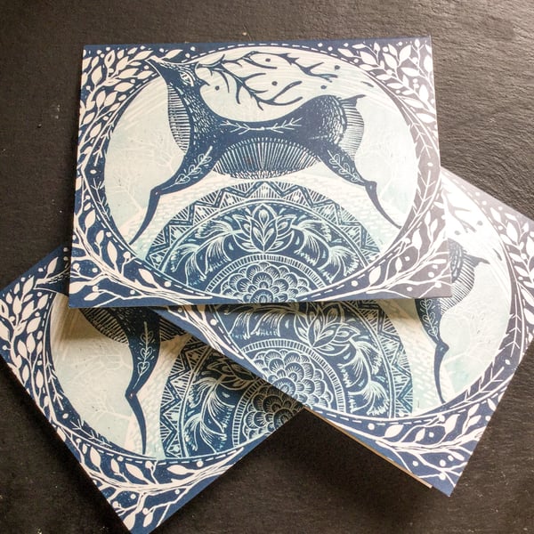 Blue Reindeer folk Christmas cards