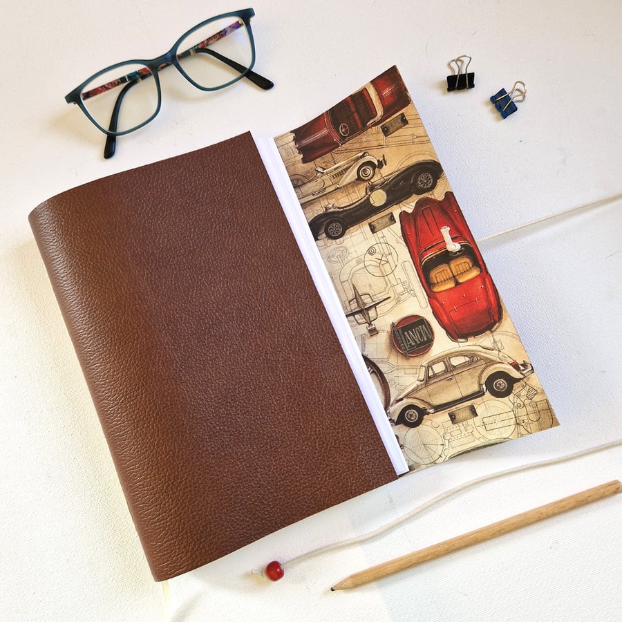 Vintage Classic Car Journal or Sketchbook, Caramel Leather, Hand Bound, A5