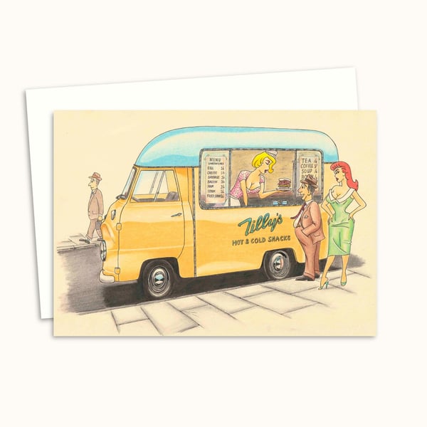 Mid Century Nostalgia Greeting Card: Hand Drawn Fifties Van - Blank Inside (317)
