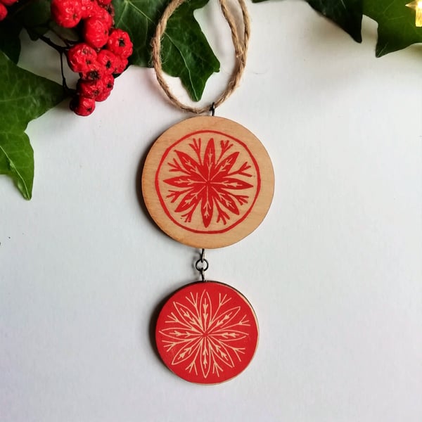 Handprinted Wooden Tree decoration in Red