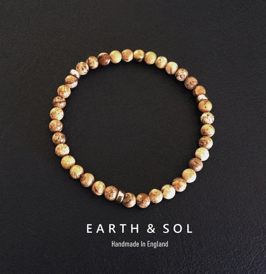 Picture Jasper Bead Bracelet With Sterling Silver or Gold Filled Beads