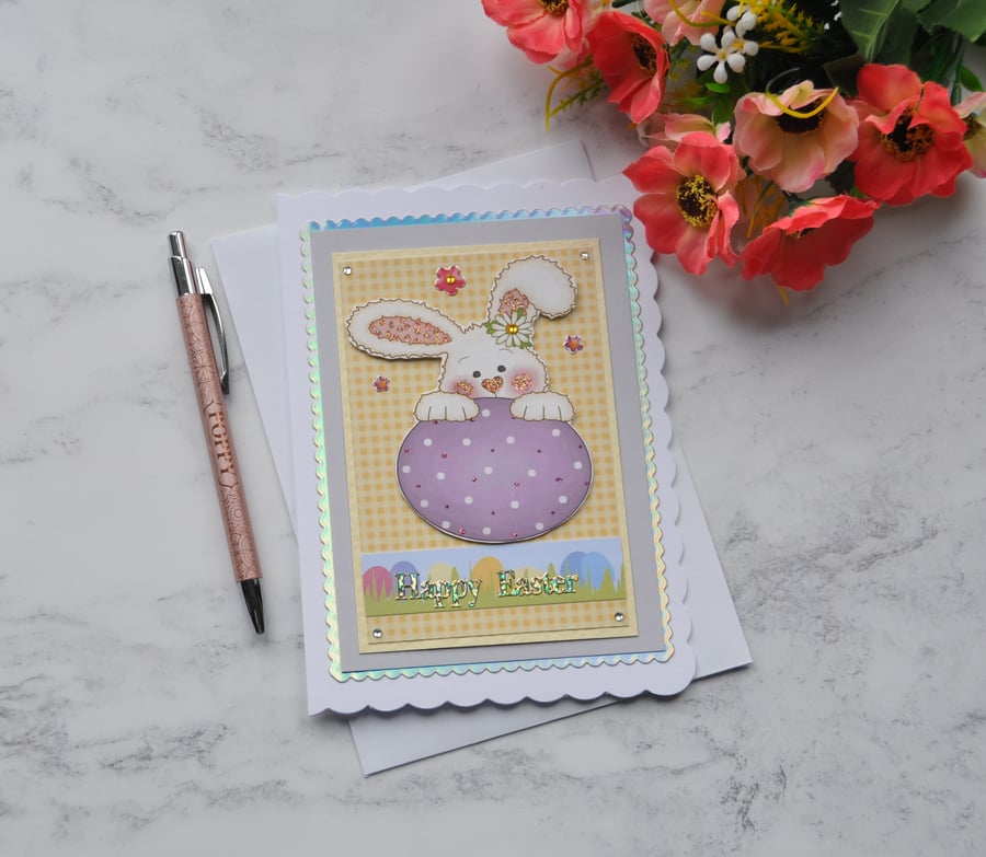 Easter Card Cute Bunny Rabbit with Purple Easter Egg