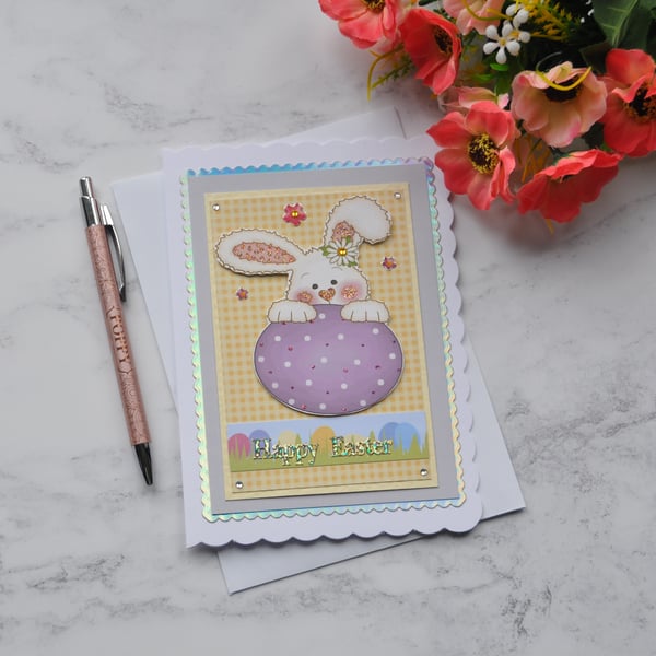 Easter Card Cute Bunny Rabbit with Purple Easter Egg