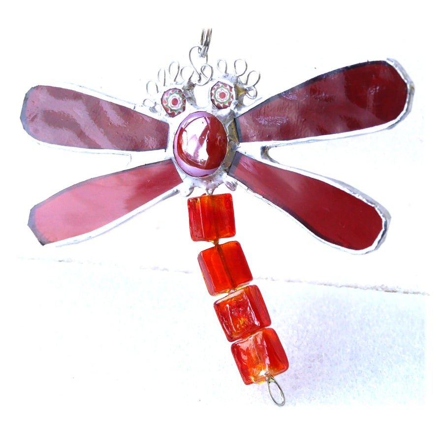Dragonfly Suncatcher Stained Glass Red Bead-Tailed 033