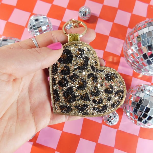 Leopard Print Glitter Heart Keyring