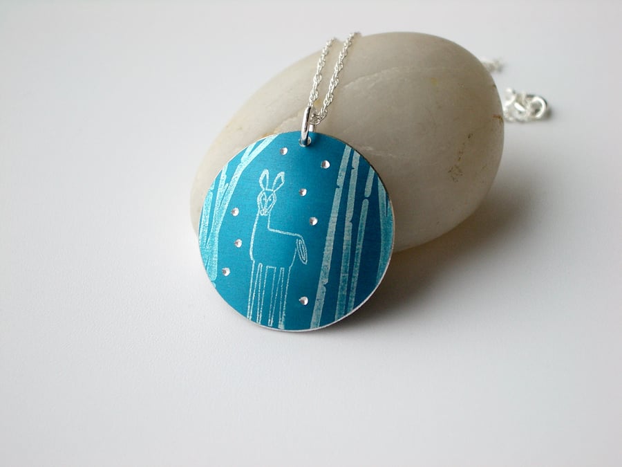 SALE Deer in woods pendant in teal SALE