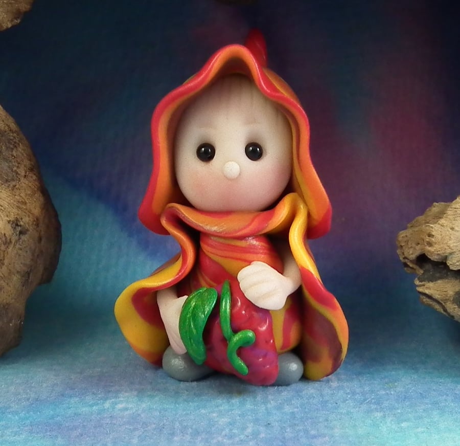 Summer Special Tiny Garden Gnome 'Carmel' with strawberry OOAK Sculpt Ann Galvin
