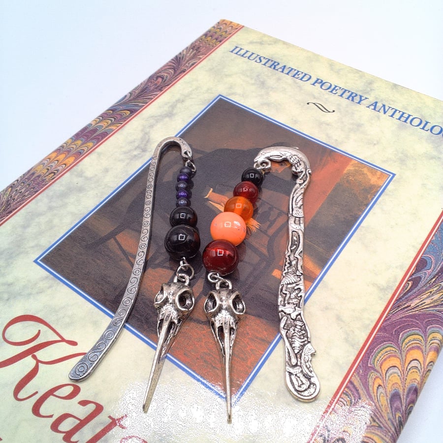 Beaded Bookmark with Bird Skull Charms, Halloween Bookmark, Teacher's Gift