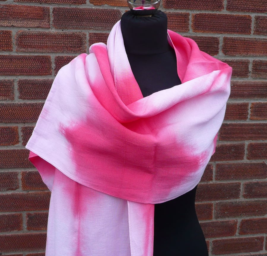 Ladies scarf, pink tie dye linen wrap, wide scarf, 