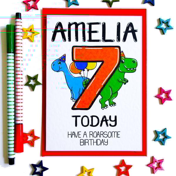 Personalised 7th Birthday Card, 7 Today Have A Roarsome Birthday cute dinosaurs