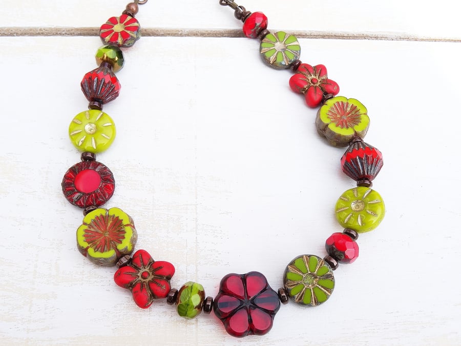 Czech Glass Necklace, Red Necklace, Green Necklace, Floral Necklace, Handmade.
