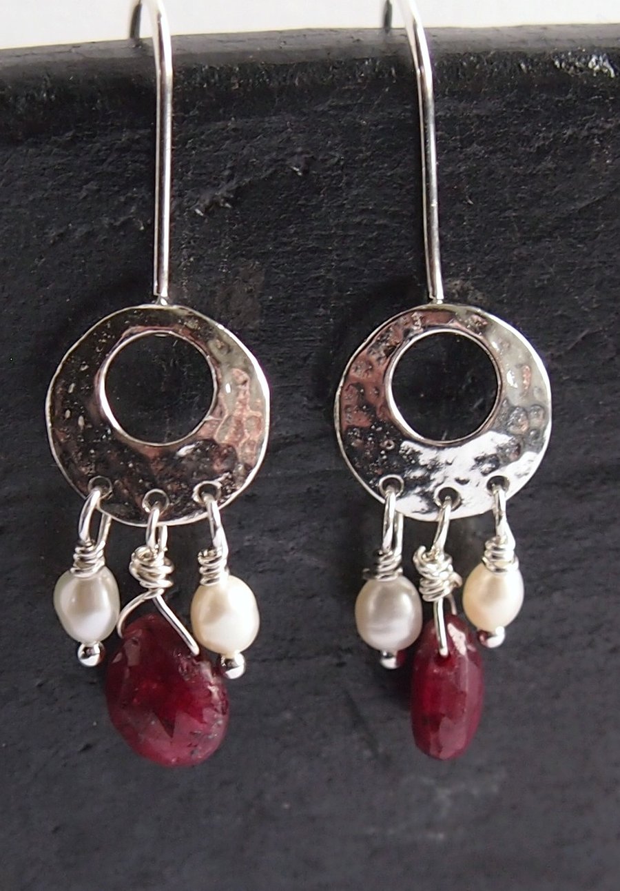 Sterling Silver Moon Earrings with Ruby and Pearl