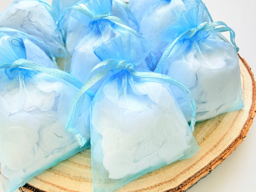 White Biodegradable Heart Confetti, Blue Bags - Wedding Toss Eco Send Off Decor