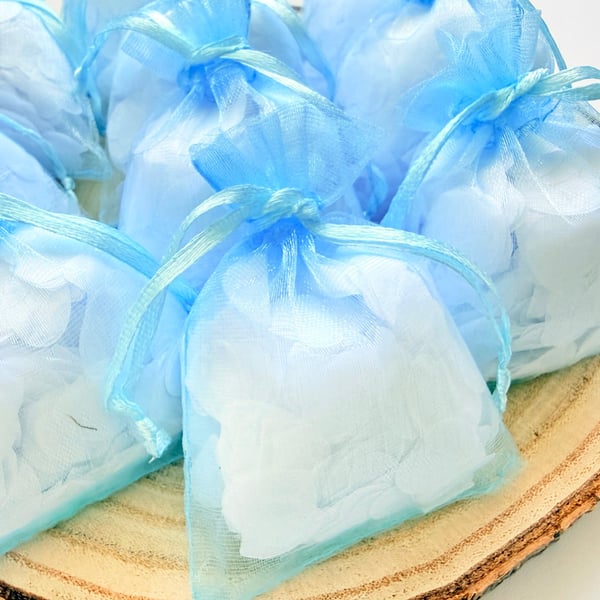 White Biodegradable Heart Confetti, Blue Bags - Wedding Toss Eco Send Off Decor
