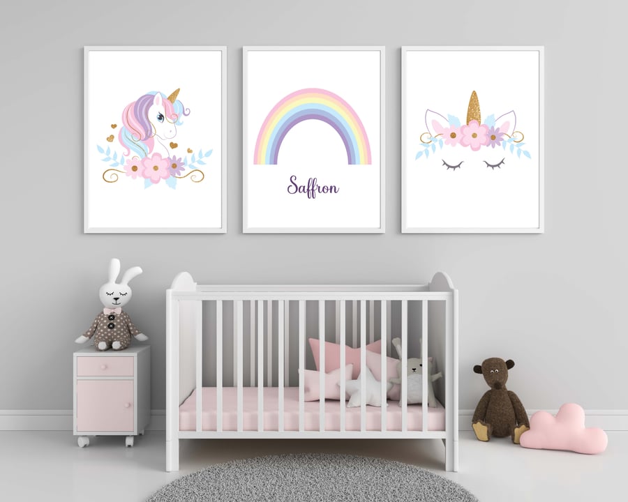 Unicorn and a rainbow nursery wall prints, Sleeping Unicorn nursery decor