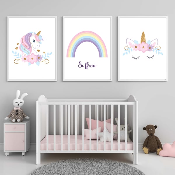 Unicorn and a rainbow nursery wall prints, Sleeping Unicorn nursery decor