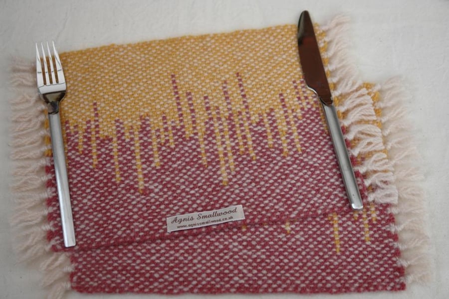 Hand Woven Wool Placemats (small) - Set of 2 - Pink and Yellow