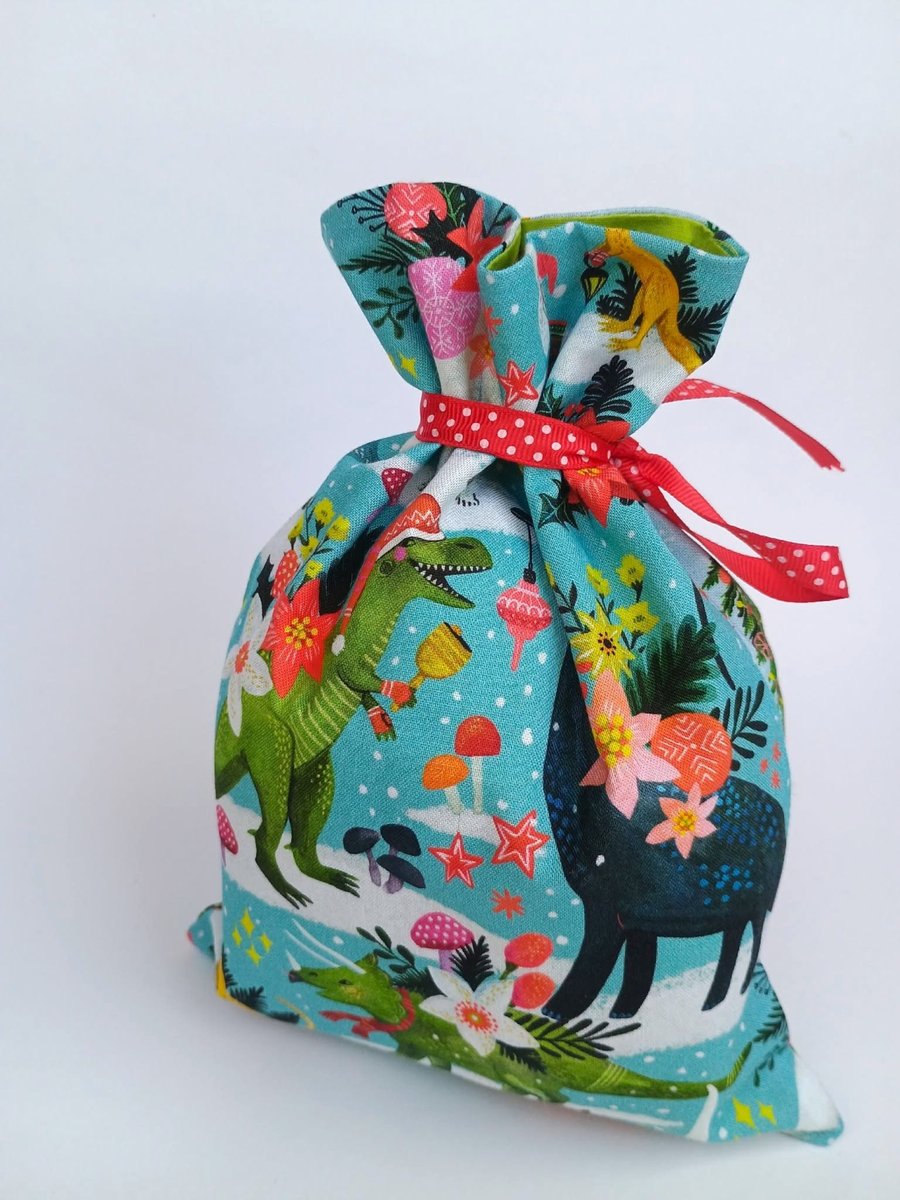 Christmas Gift Bags - Floral Festive Dinosaurs reusable fabric mini sack