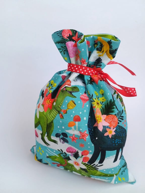 Christmas Gift Bags - Floral Festive Dinosaurs reusable fabric mini sack