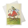 Greeting card - a bird and two mushrooms - artwork by Betty Shek