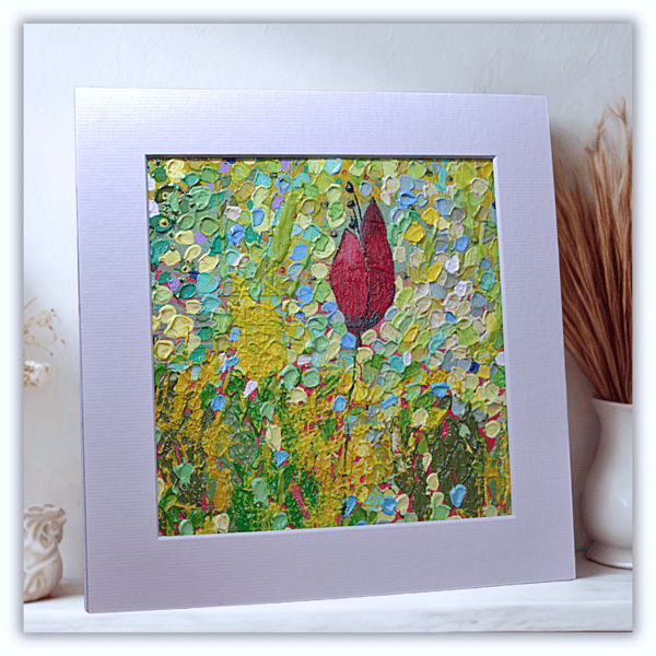 Impasto acrylic painting - red tulip - wild grasses - letterbox gift - mounted