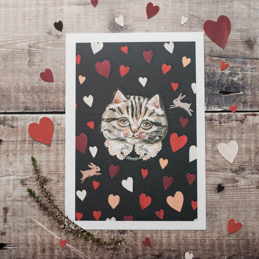 A5 tabby cat art print. Love hearts, romantic, Valentines day