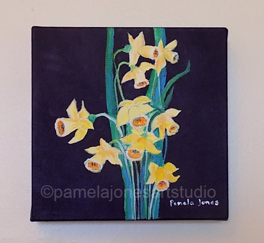Daffodils on Black Background, Acrylic Painting on Boxed Canvas 20 x 20 cm