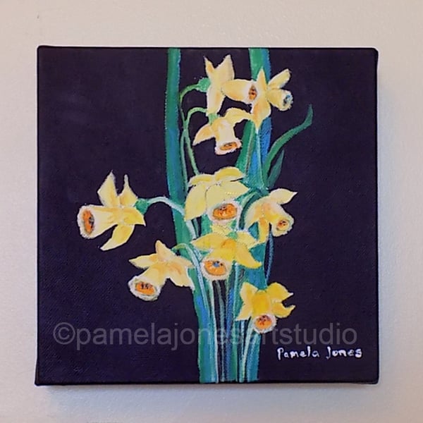 Daffodils on Black Background, Acrylic Painting on Boxed Canvas 20 x 20 cm