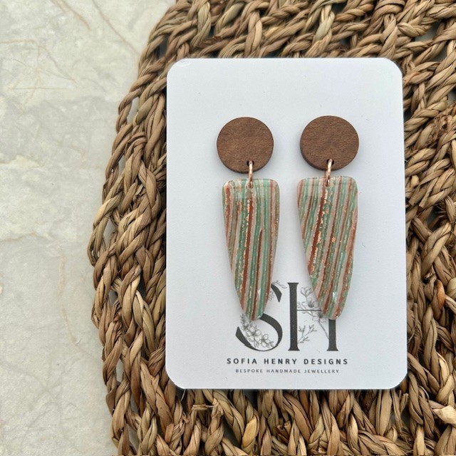 Green & Copper Striped Handmade Polymer Clay Earrings with Walnut Wood Studs