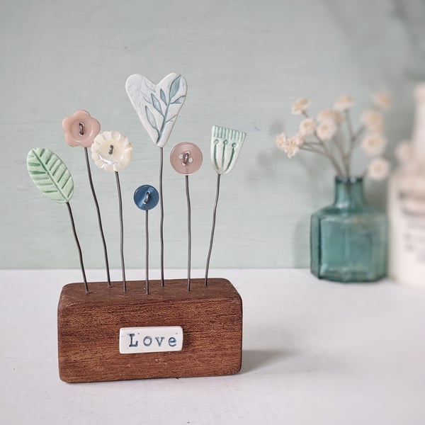 Clay Heart and Flowers in a Button Garden Block 'Love'