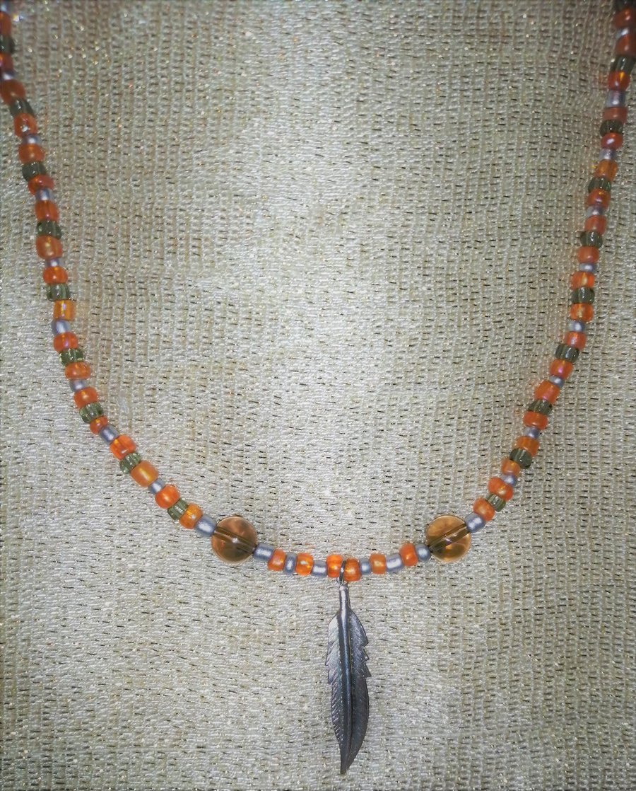 Feather of Maat and Crystal Orange and Silver Beaded Necklace