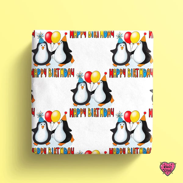 Penguin Birthday wrapping paper  with two penguins wearing party hats