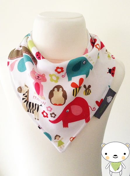 Handmade Premium Quality Baby Girls Bandana Dribble Bib with CUTE ANIMALS Fabric