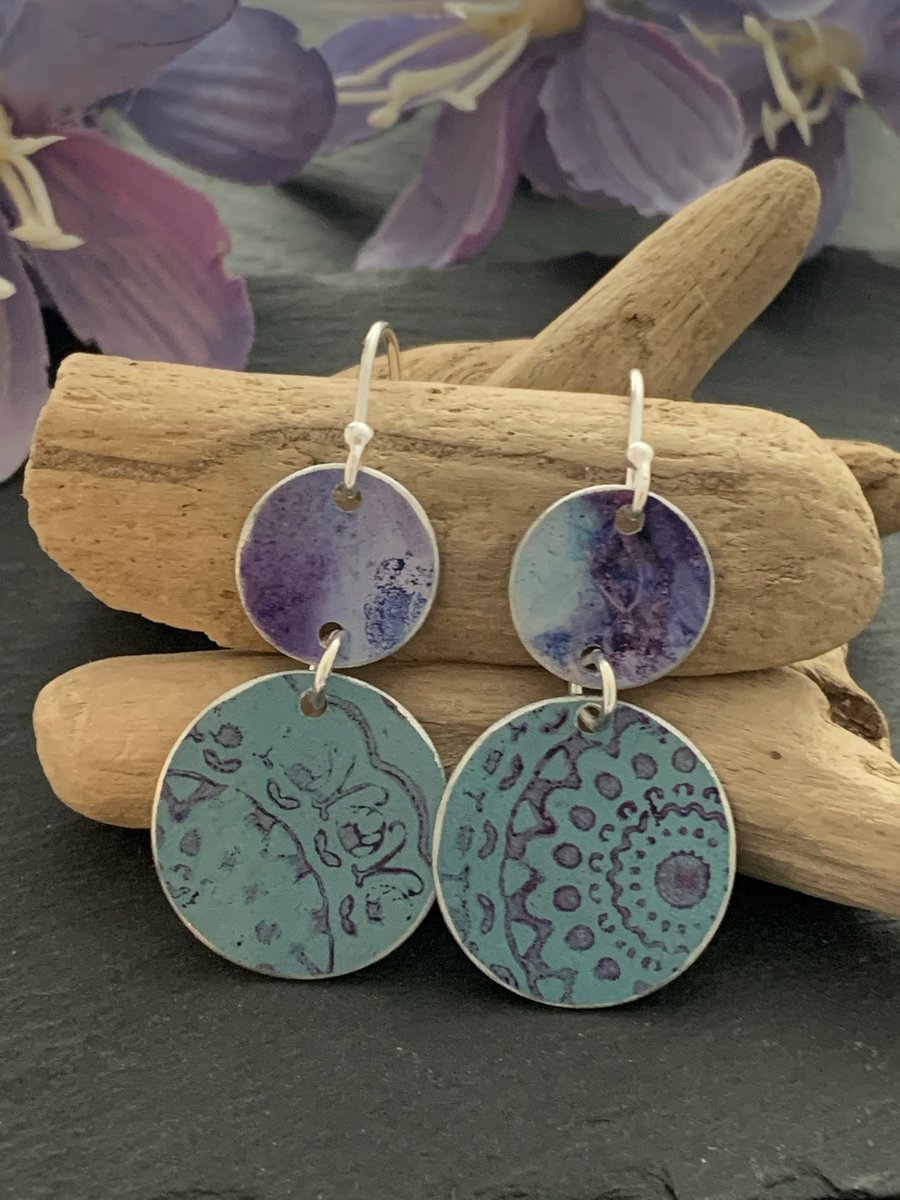 Hand dyed printed Aluminium and sterling silver earrings -turquoise and purple