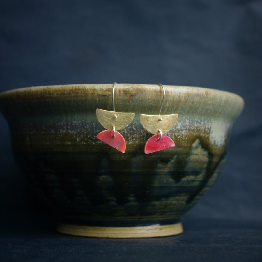 Small Half Moon Brass and Red Copper  Dangle Earrings