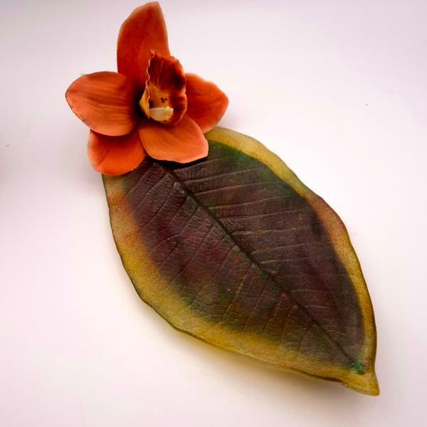 Unique Handmade Fused Glass Cloud Forest Magnolia Leaf Cast Summer into Fall