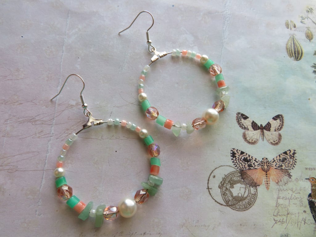 Blush Peach and Mint Green & Silver Beaded Retro Hoop Earrings