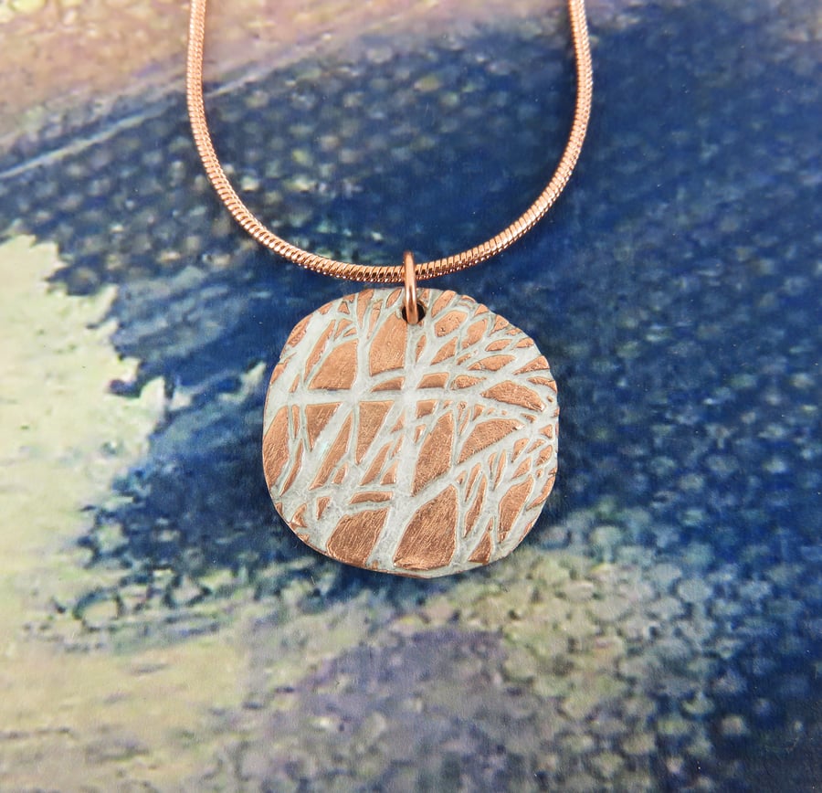 Copper and Enamel Branches Motif Pendant with Double Sided Pattern