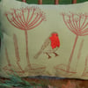 Light green - Robin red breast - Screen printed wild seedhead cushion 