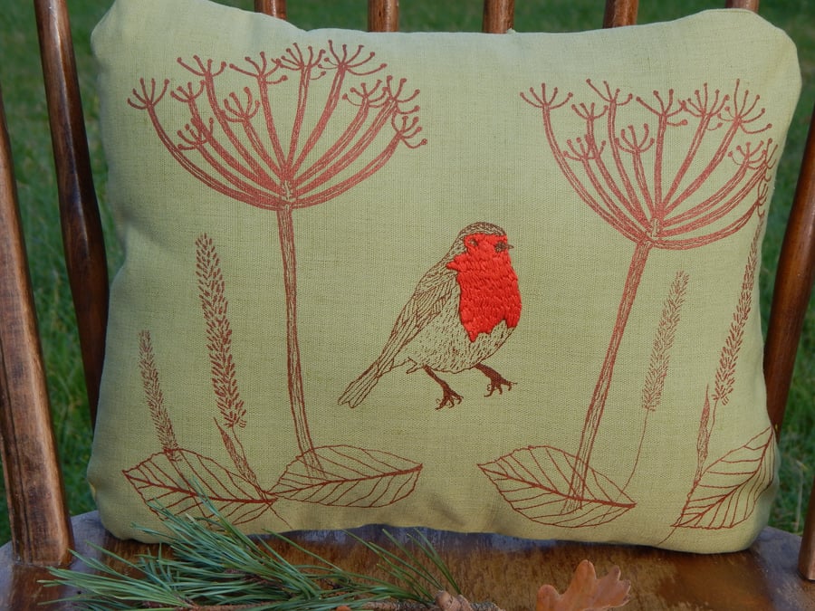 Light green - Robin red breast - Screen printed wild seedhead cushion 